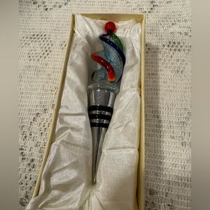 wine bottle stopper glass art clear red blue green 5” X .5”